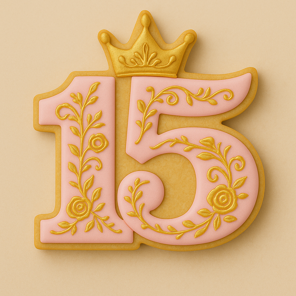 Cookie cutter in the shape of the number "15" with a crown on top. Perfect for quinceañera-themed cookies. Suggested decoration includes pastel pink royal icing with floral piping and gold accents to highlight the milestone celebration.