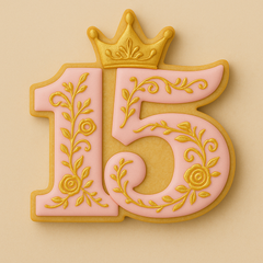 Cookie cutter in the shape of the number "15" with a crown on top. Perfect for quinceañera-themed cookies. Suggested decoration includes pastel pink royal icing with floral piping and gold accents to highlight the milestone celebration.