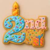 Cookie cutter in the shape of a “2nd” birthday design featuring a large number 2 with a candle on top, confetti sprinkles, and a small present below the “nd.” Perfect for decorating birthday cookies for toddlers or party treats.