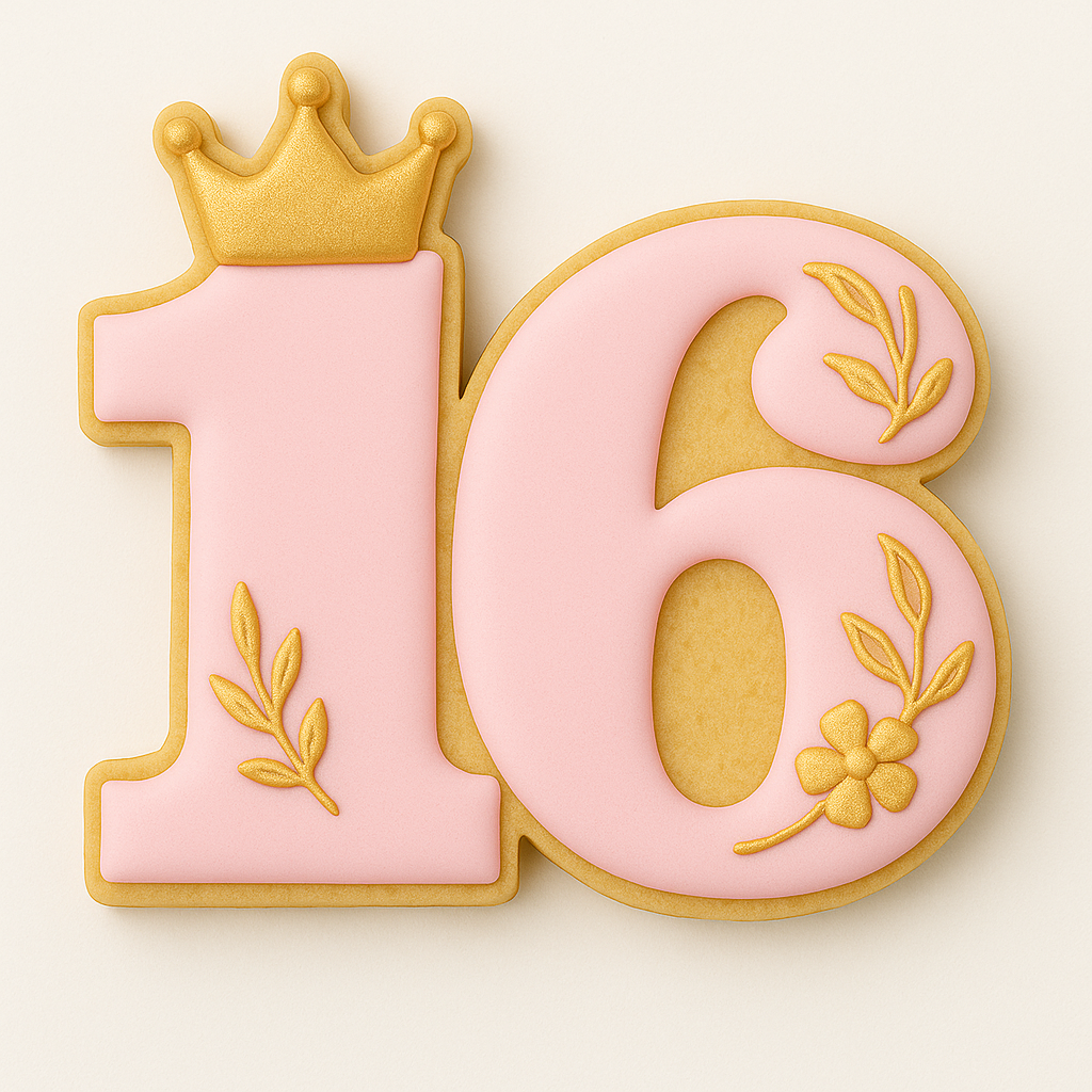 Cookie cutter shaped like the number β16β with a crown on the number one. Ideal for Sweet 16 celebrations. Suggested decoration includes pink royal icing, gold floral accents, and an optional sparkle effect for an elegant birthday cookie.