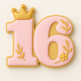 Cookie cutter shaped like the number “16” with a crown on the number one. Ideal for Sweet 16 celebrations. Suggested decoration includes pink royal icing, gold floral accents, and an optional sparkle effect for an elegant birthday cookie.