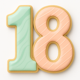 Cookie cutter shaped like the number “18,” perfect for celebrating milestone birthdays like an 18th birthday. Suggested decorations include modern pastel colors, such as mint and peach, with minimalistic stripes and swirls for a chic finish.