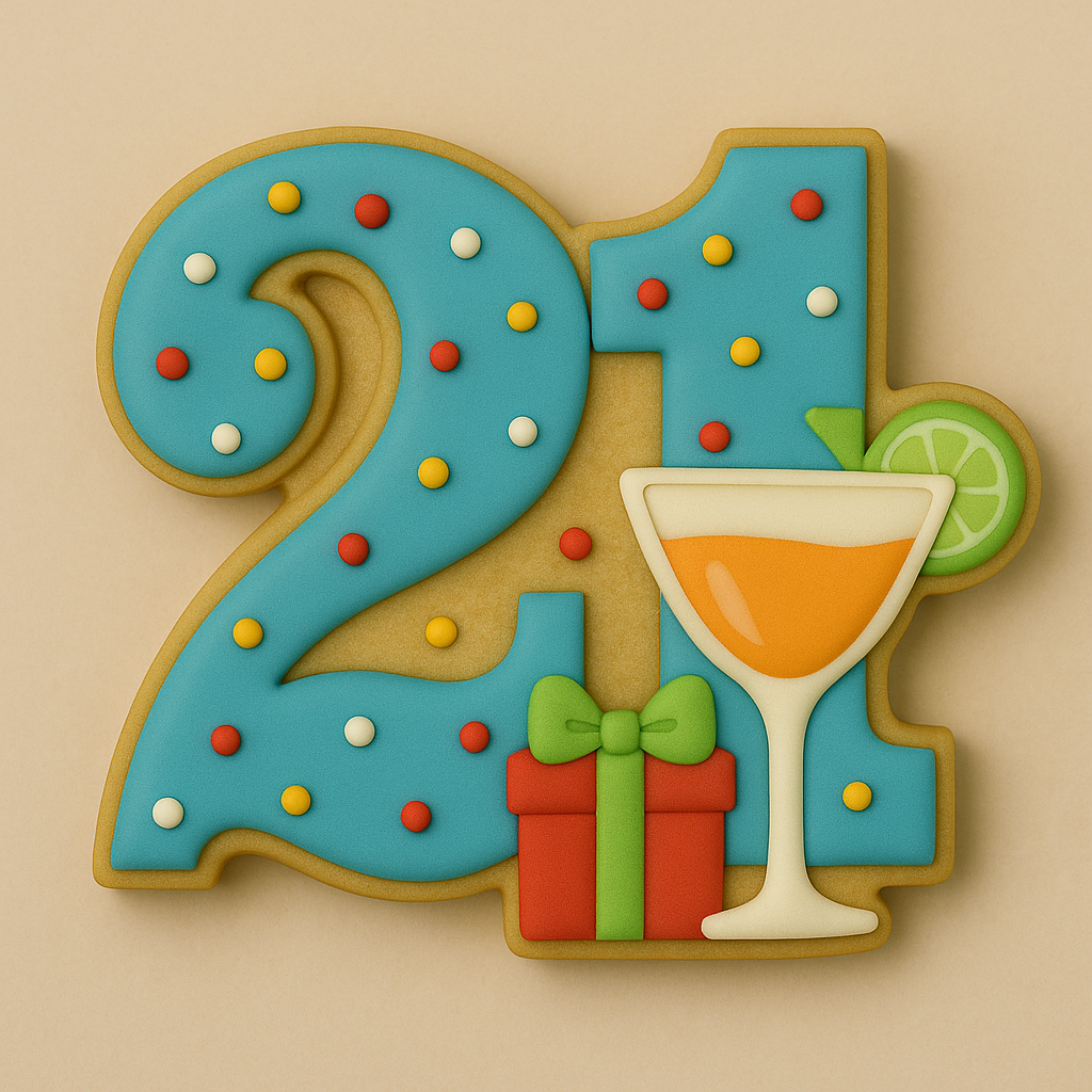 Cookie cutter in the shape of the number β21,β ideal for 21st birthday celebrations. Suggested decorations include colorful sprinkles, a festive cocktail glass with a lime wedge, and a gift box to highlight the milestone in fun and vibrant style.