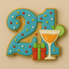 Cookie cutter in the shape of the number β21,β ideal for 21st birthday celebrations. Suggested decorations include colorful sprinkles, a festive cocktail glass with a lime wedge, and a gift box to highlight the milestone in fun and vibrant style.