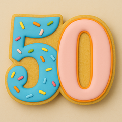 Cookie cutter shaped like the number “50” with a candle on top and a banner below. Ideal for 50th birthday cookies with colorful sprinkles and a celebratory vibe.