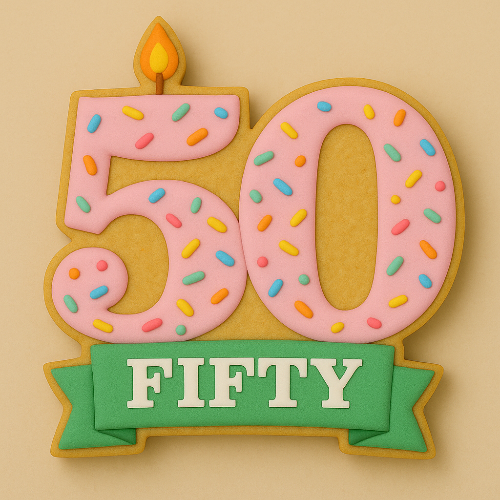 Cookie cutter shaped like the number “50” with a candle on top and a banner below. Ideal for 50th birthday cookies with colorful sprinkles and a celebratory vibe.
