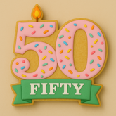 Cookie cutter shaped like the number “50” with a candle on top and a banner below. Ideal for 50th birthday cookies with colorful sprinkles and a celebratory vibe.