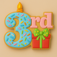 Cookie cutter shaped like the number "3rd" for a birthday celebration, featuring a large number 3 with a candle on top, colorful sprinkles, and a wrapped gift under the "rd." Ideal for decorating cookies for a child's third birthday.