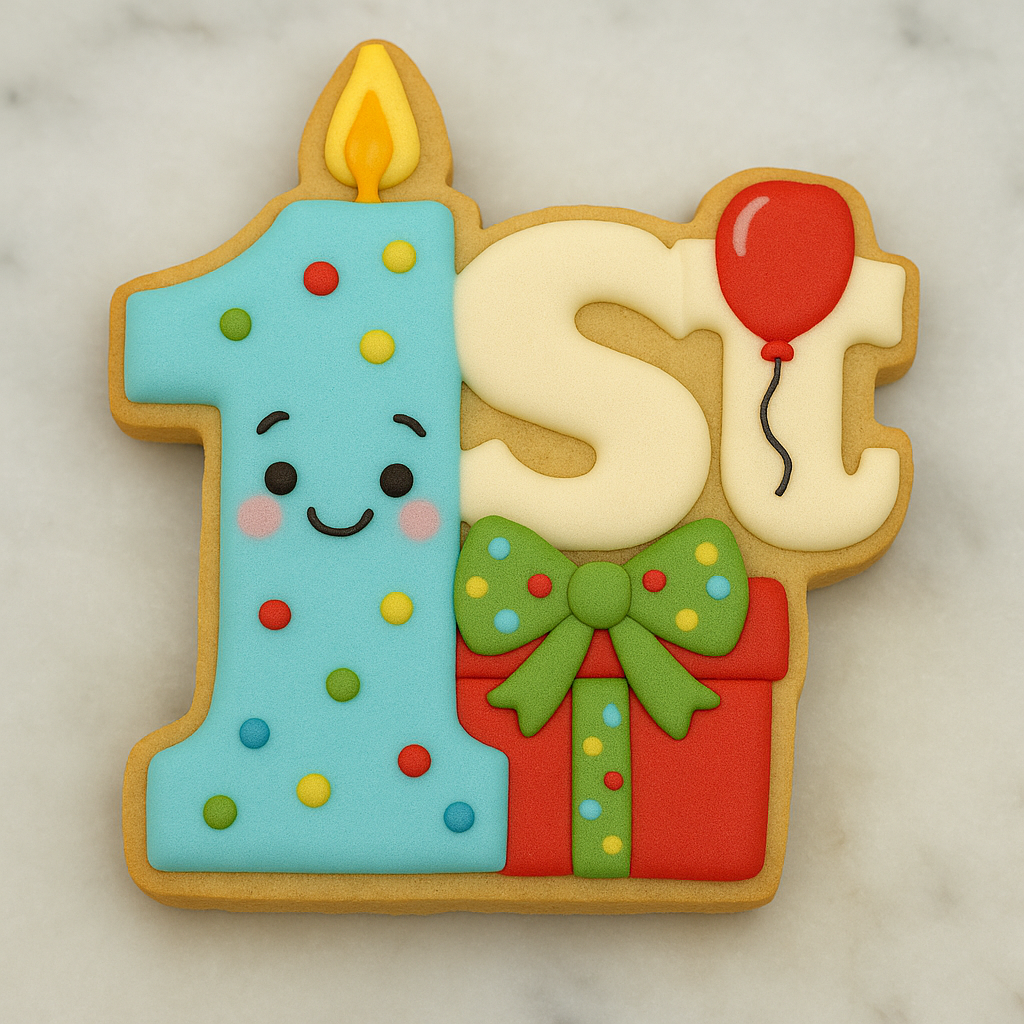 Number "1st" shaped cookie cutter featuring a smiling blue number one with colorful sprinkles and a birthday candle on top, paired with a red balloon, wrapped gift with a bow, and rounded edges. Great for decorating cookies for a 1st birthday celebration using bright icing colors and birthday-themed accents.