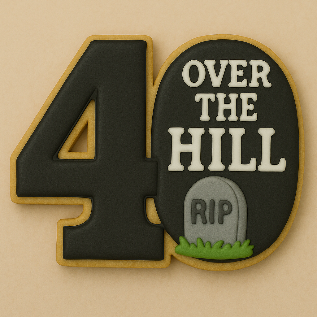 Cookie cutter shaped like the number “40” with a humorous “Over the Hill” tombstone design. Great for milestone birthday cookies with black icing, white lettering, and a mini gravestone element for fun 40th birthday parties.